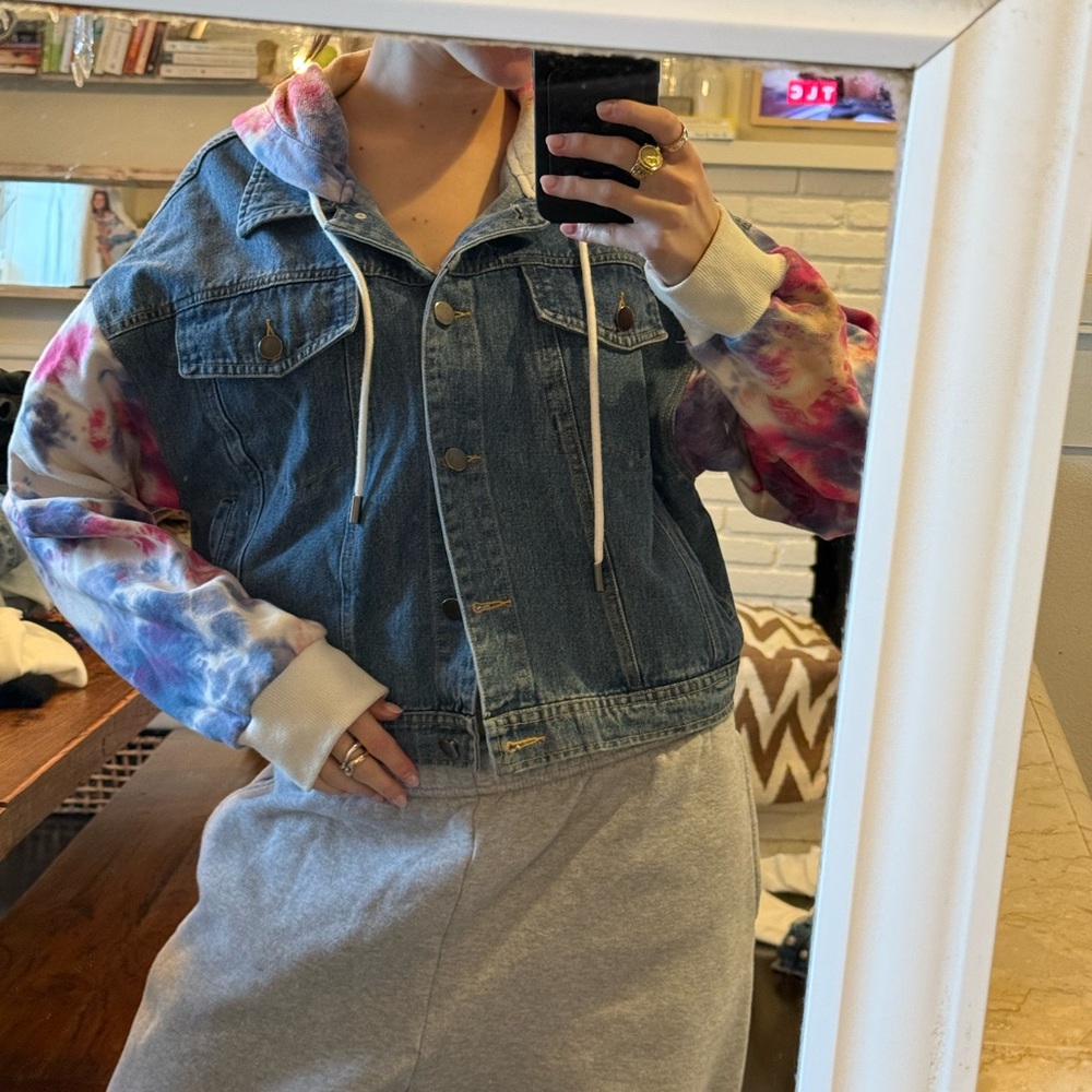 BlankNYC Jean Jacket with Tie-Dye Sleeves, Size S